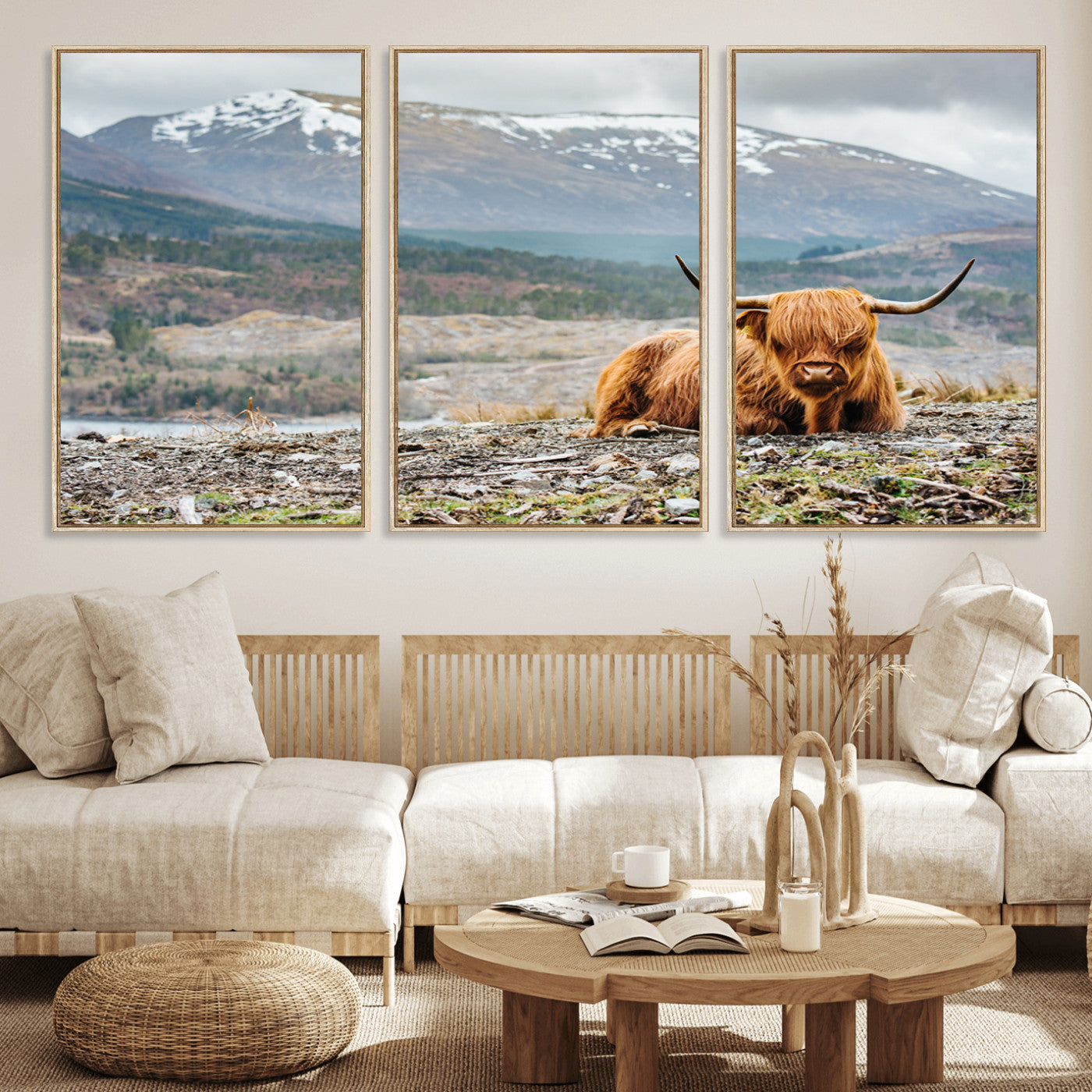 80252-MGV-FC-60X30-3P_Natural-Highland Cow Horn Farm Wall Art Canvas Print