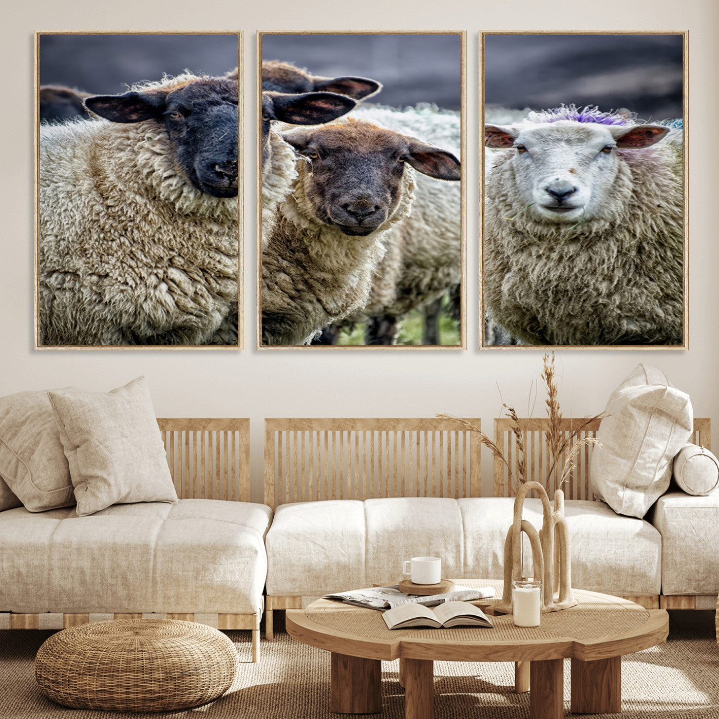 18418-MGV-FC-60X30-3P_Natural-Charming Sheep Portrait Wall Art – Trio of Woolly Companions Canvas Print, Framed, Ready to Hang