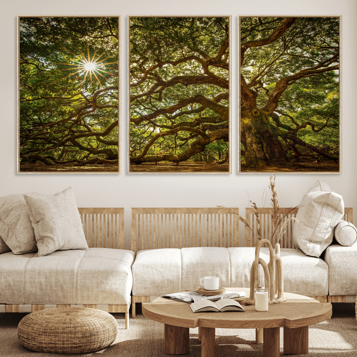 MGV-FC-60X30-3P - Ancient Angel Oak Tree Art Sunburst Canvas Print- Nature-Inspired Triptych Canvas Print, Framed, Ready to Hang