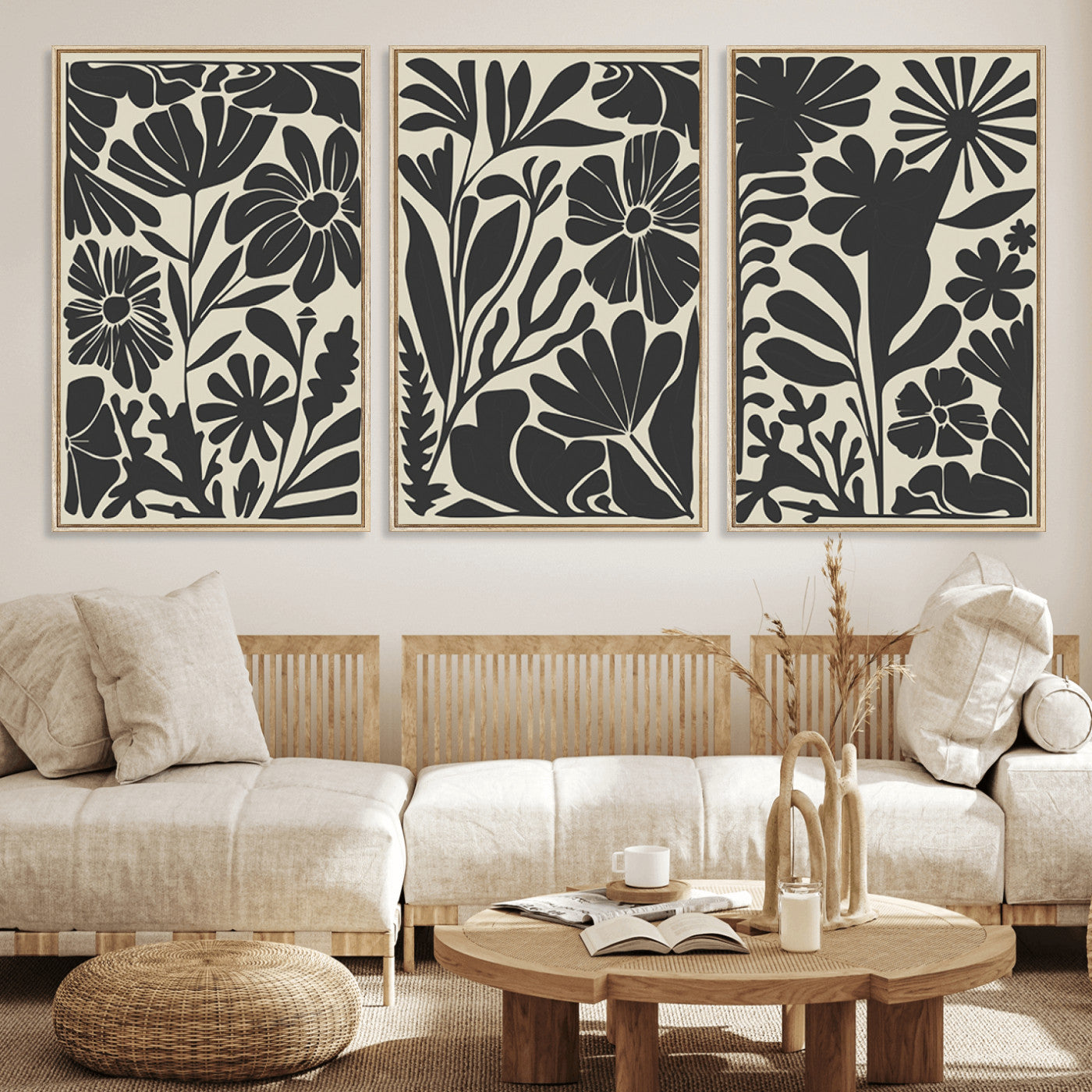 MGV-FC-60X30-3P - Modern Botanical Wall Art - Floral Black and White Canvas Print, Framed, Ready to Hang