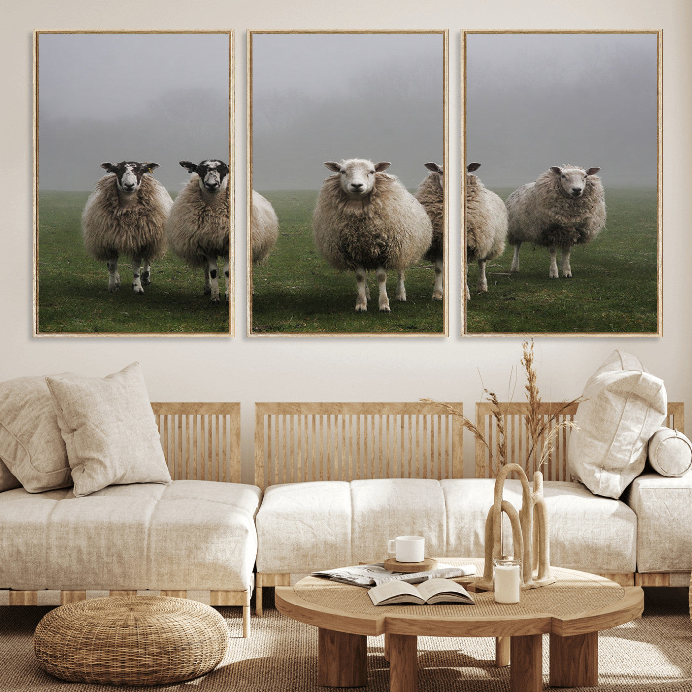 -Flock of Sheep in a Mystical Fog – Pastoral Wall Art Canvas Print, Framed, Ready to Hang