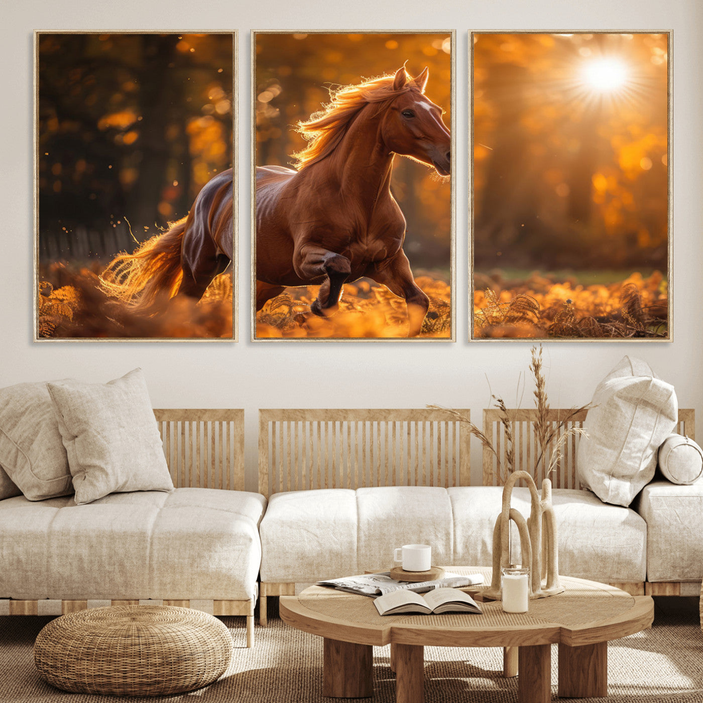 92144-MGV-FC-60X30-3P_Natural-Running Horse Sunset Forest Wall Art Canvas Print