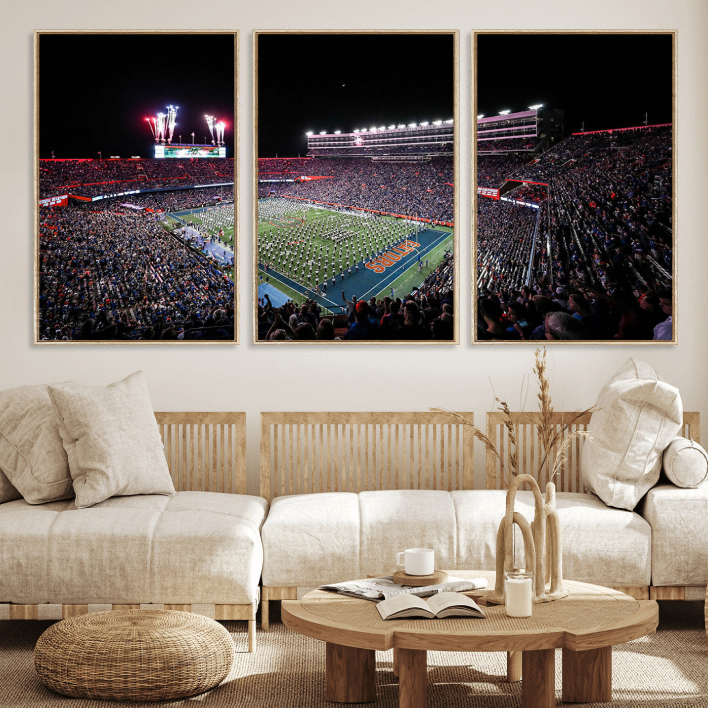 MGV-FC-60X30-3P - Ben Hill Griffin Stadium Night Game Triple Canvas Wall Art - Florida Gators Football Match
