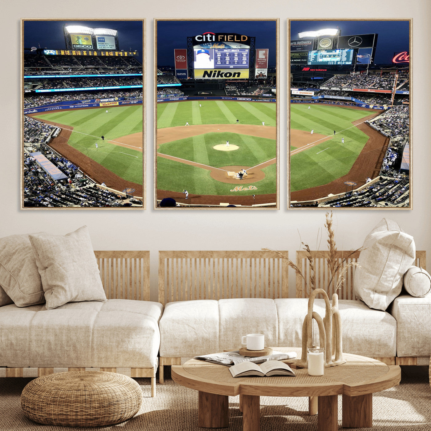MGV-FC-60X30-3P - Citi Field Wall Art Print | 3-Panel New York Mets Baseball Stadium Canvas Print | Framed Sports Decor for Living Room, Man Cave, or Office Decor