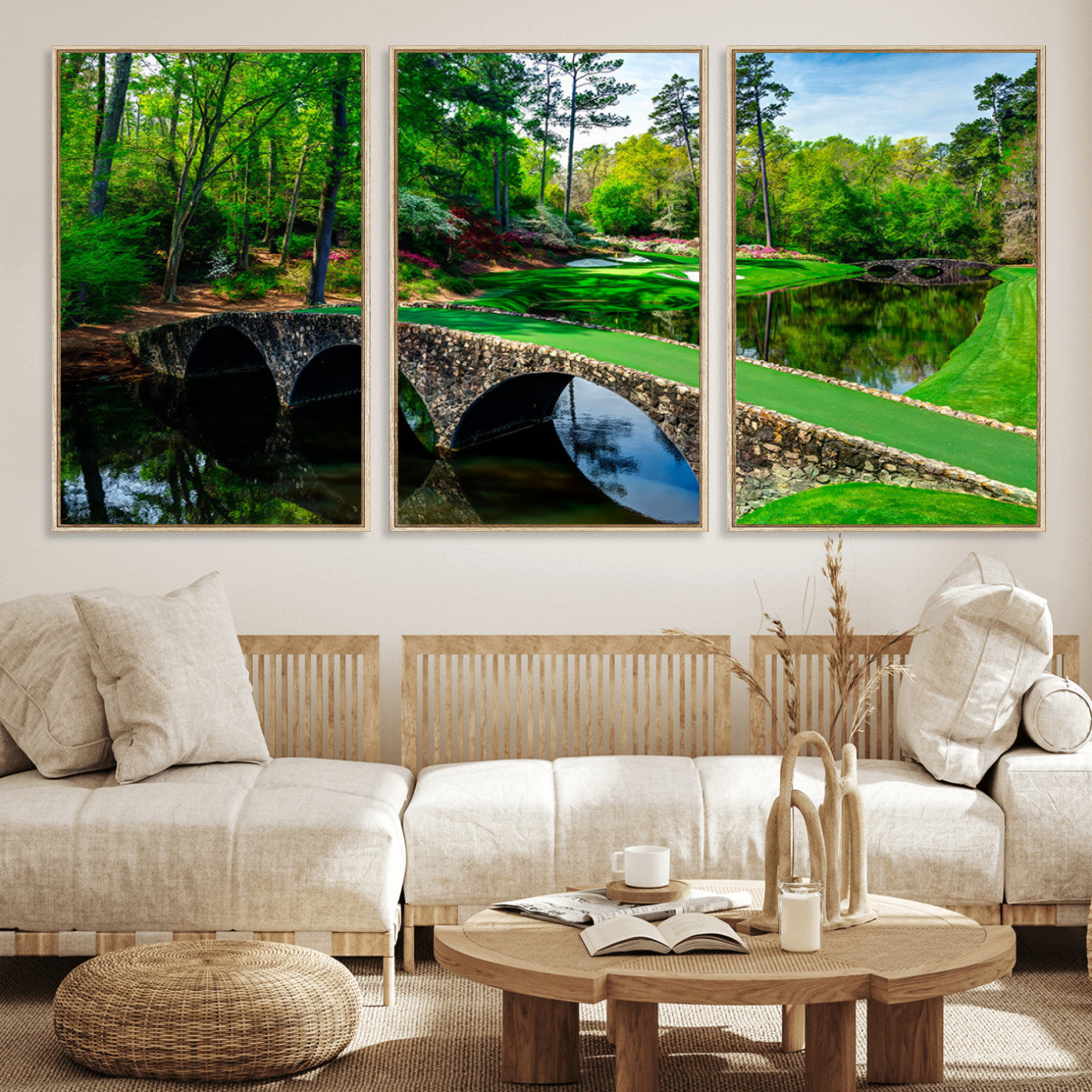 MGV-FC-60X30-3P - Augusta National Golf Club Wall Art - Panoramic Bridge & Lush Greenery – Premium Framed, Ready-to-Hang Triptych Canvas