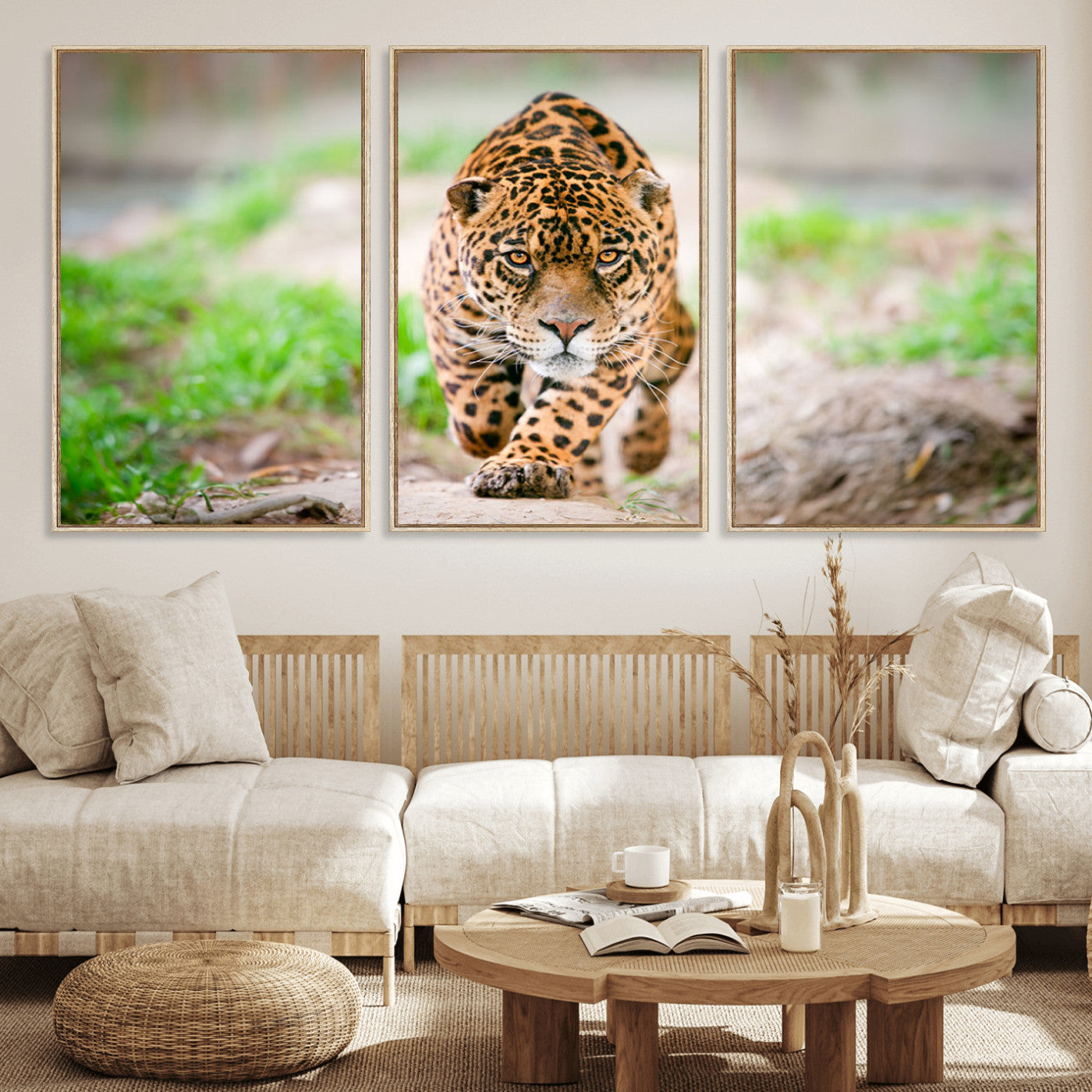 MGV-FC-60X30-3P - Leopard on the Prowl - Stunning Large Framed Canvas Wall Art for Living Room, Bedroom, or Office Décor, Vibrant Wildlife Print, Ready to Hang