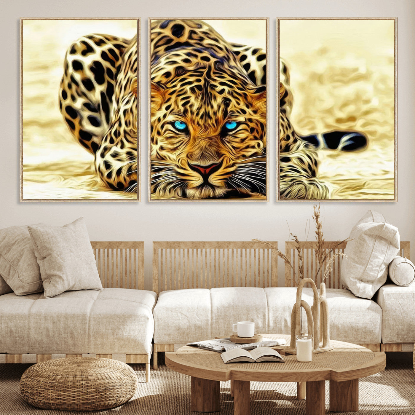 45281-MGV-FC-60X30-3P_Natural-Blue-Eyed Leopard Canvas Wall Art - Framed Animal Print Ready to Hang - Fierce and Bold Decor for