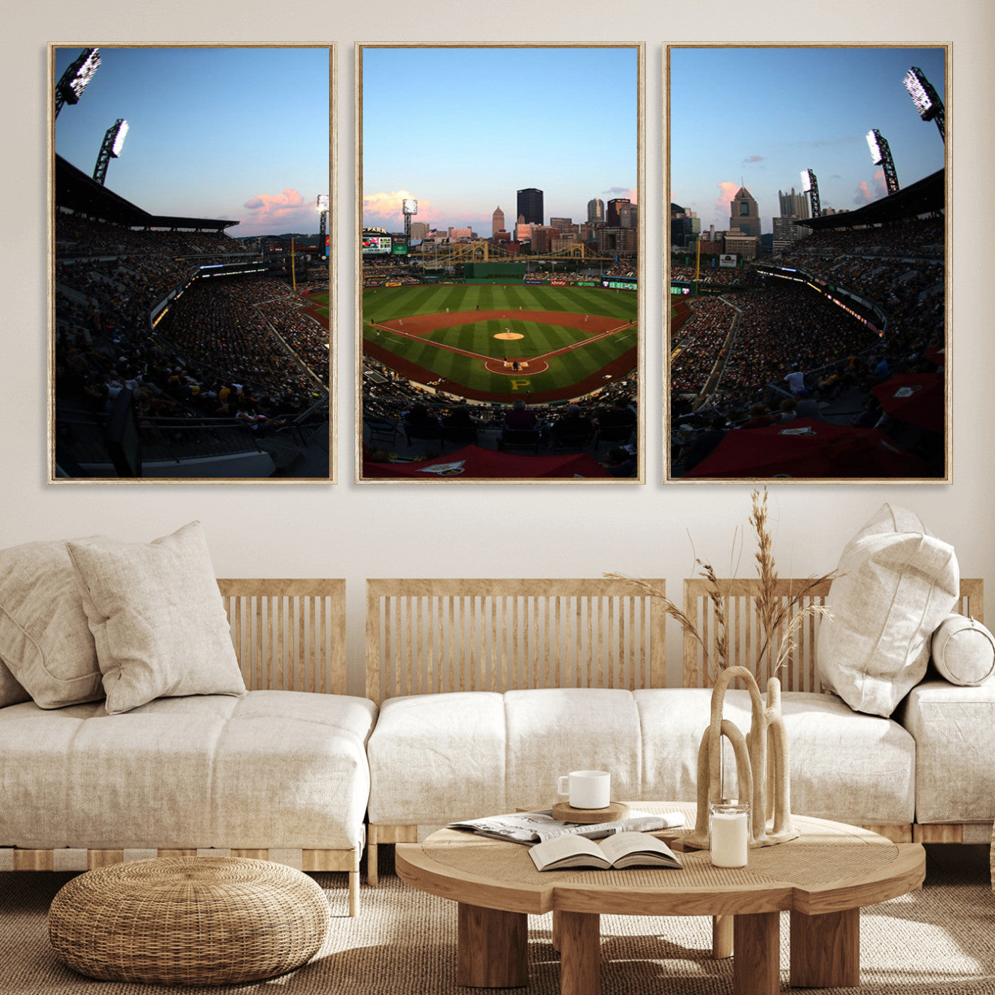 MGV-FC-60X30-3P - PNC Park Evening Game Triple Canvas Wall Art - Pittsburgh Pirates MLB Match - PNC Park Stadium Wall Art Canvas Print
