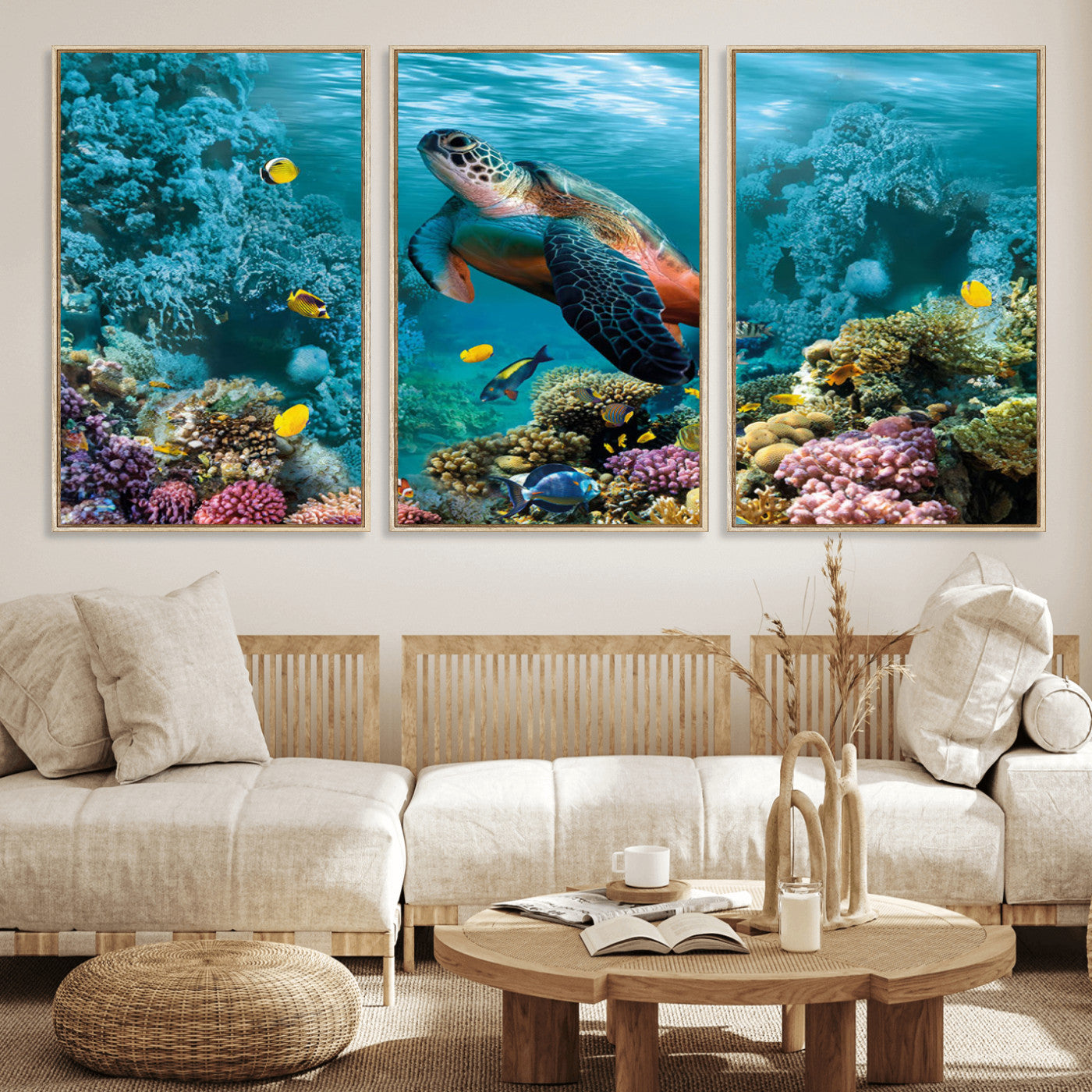 MGV-FC-60X30-3P - Sea Turtle and Coral Reef Triptych Wall Art – Vibrant Underwater Scene Canvas Set for Ocean Lovers and Coastal Decor – Ready to Hang 3-Panel Artwork