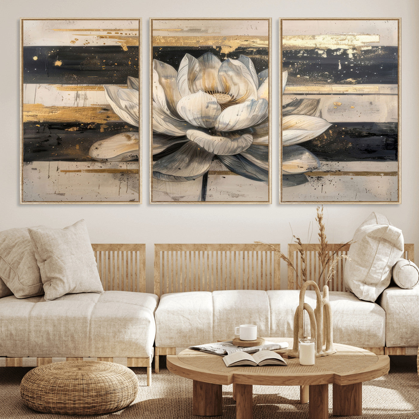 MGV-FC-60X30-3P - Lotus Flower Wall Art Canvas Print, Framed Abstract Lotus Art Picture Print, White Lotus Flower Perfect Abstract Floral Decor Artwork