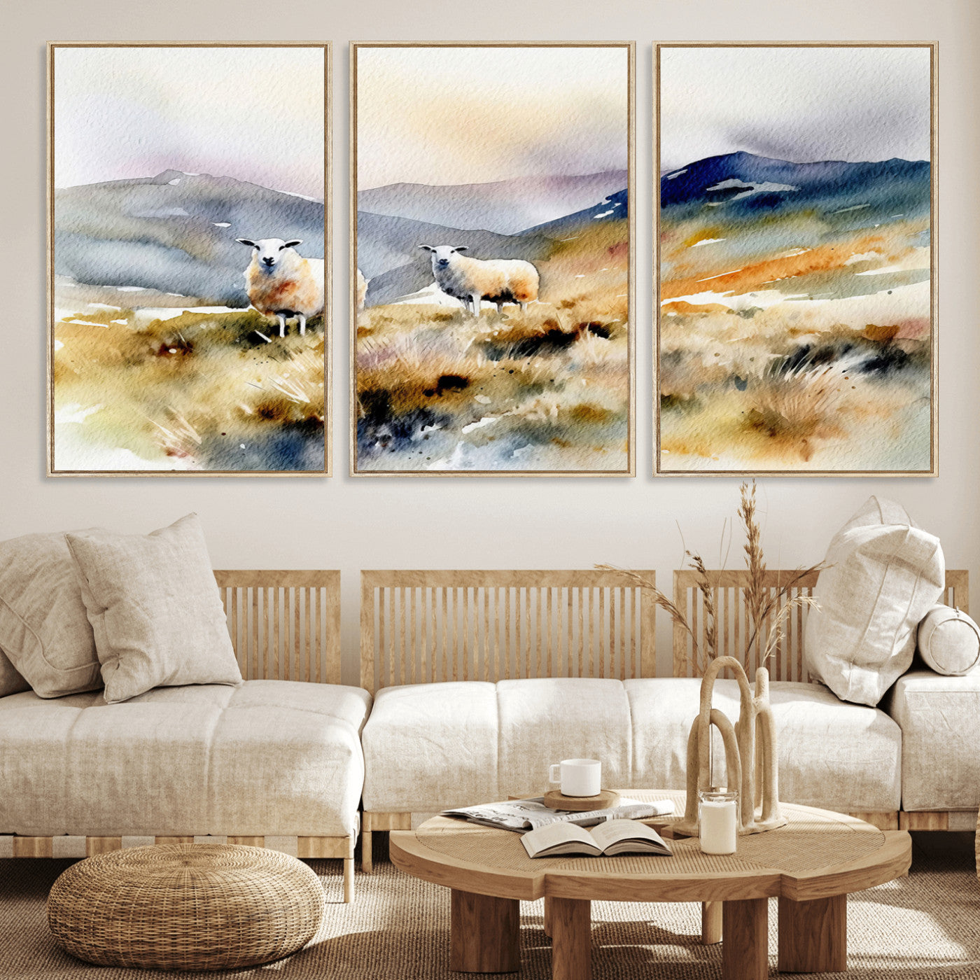 58145-MGV-FC-60X30-3P_Natural-Watercolor Sheep for Farmhouse Decor Wall Art Canvas Print, Mountain Wall Art Print