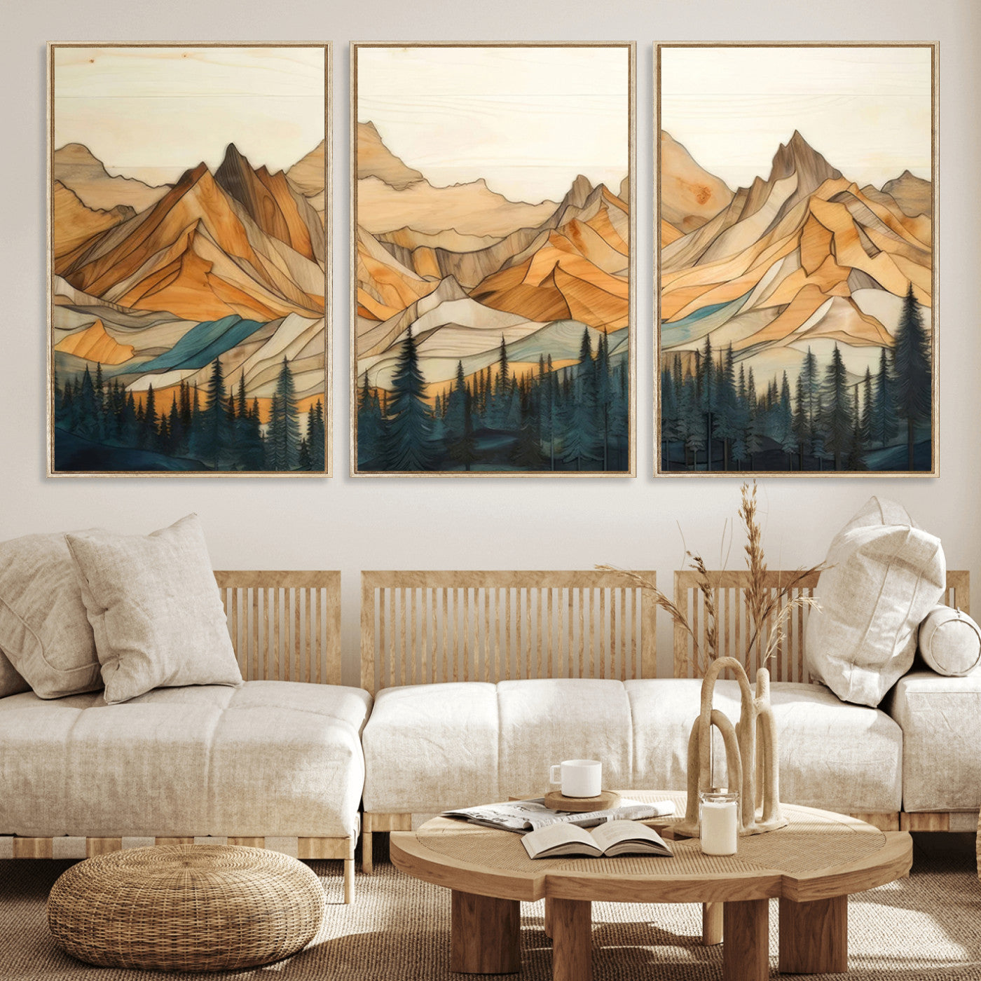 31576-MGV-FC-60X30-3P_Natural-Rustic Wood Mountain Wall Art Print | Triptych Giclee Print Featuring Handcrafted Forest and
