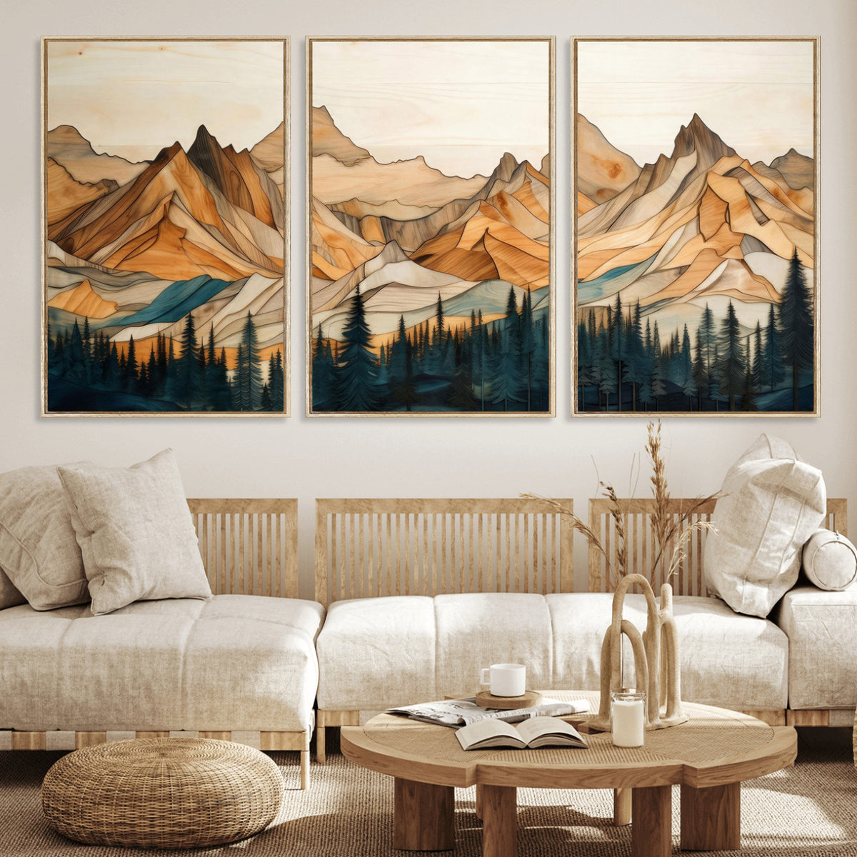31576-MGV-CV-36X24 - Geometric Wood Mountain Landscape Wall Art Canvas Print, Rustic Forest Painting Print