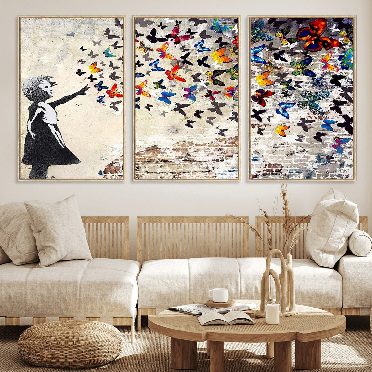 97895-MGV-CV-24X16 - Banksy Graffiti Wall Art Canvas Print, Girl Releasing Vibrant Butterflies