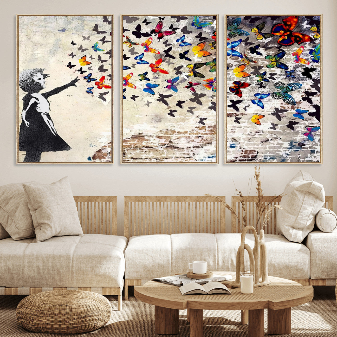 MGV-FC-60X30-3P - Banksy Graffiti Wall Art Canvas Print: Girl Releasing Vibrant Butterflies – Ready to Hang