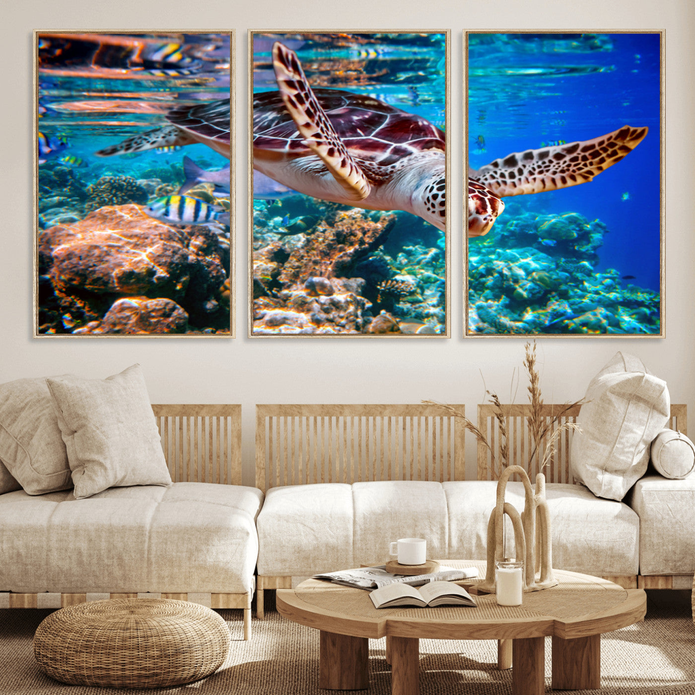 MGV-FC-60X30-3P - Underwater Coral Reef Sea Turtle Wall Art Canvas Print, Vibrant Marine Life | Colorful Ocean Scene
