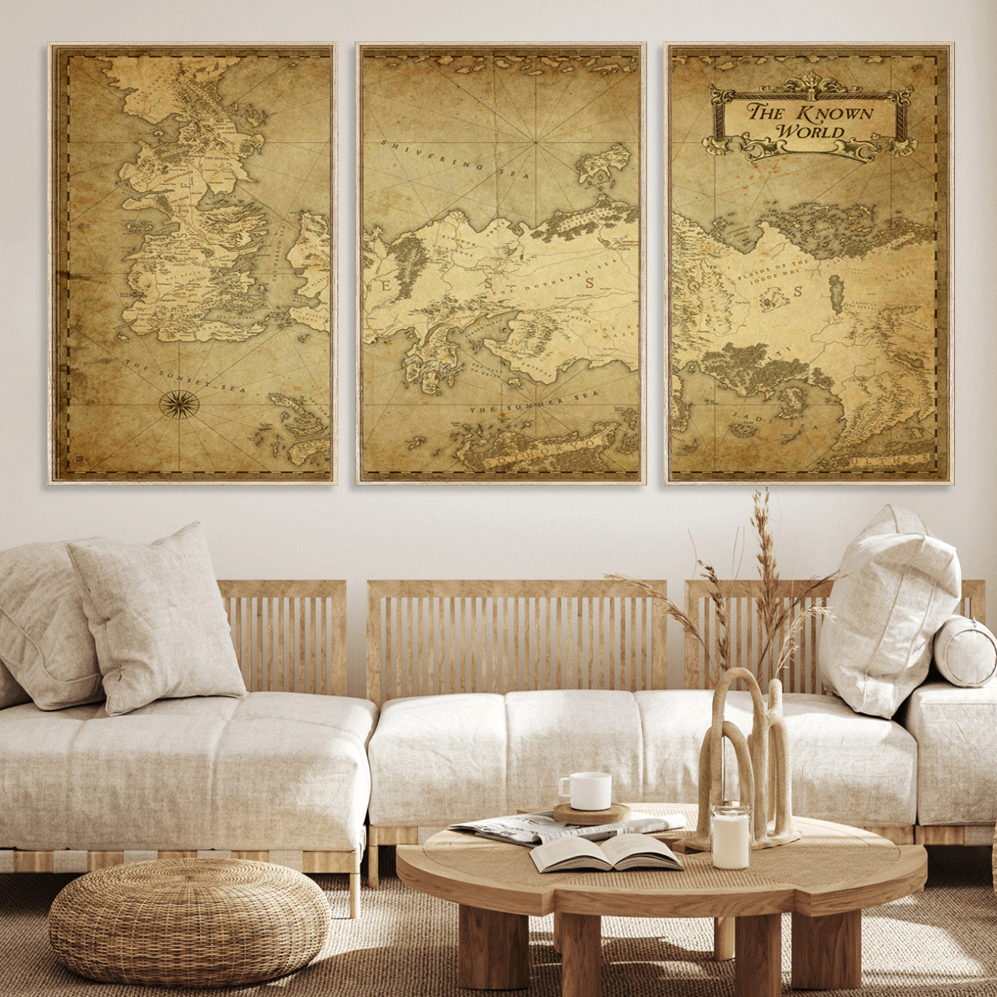 MGV-FC-60X30-3P - Vintage Game of Thrones Map Wall Art | Westeros and Essos Antique Style Print | The Known World in Triptych Canvas | Giclee Canvas for Fantasy Lovers