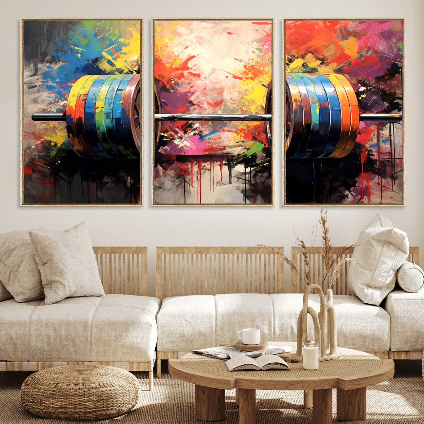 MGV-FC-60X30-3P - Weightlifting Barbell Art Triptych, Bold Abstract Fitness Wall Decor for Gym or Home, Giclee Canvas Print