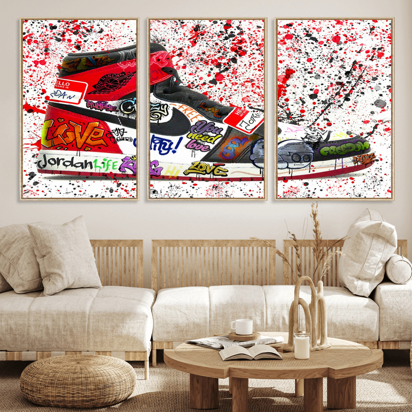 MGV-FC-60X30-3P - Jordan Shoes Graffiti Wall Art Canvas Print- Jordan Graffiti Canvas Wall Art - Framed Perfect for Sneaker heads and Urban Art Lovers