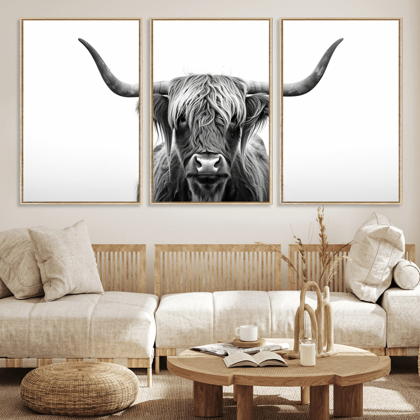 MGV-FC-60X30-3P - Highland Wall Art Canvas Print – Minimalist Black and White Farmhouse Décor, Ready to Hang