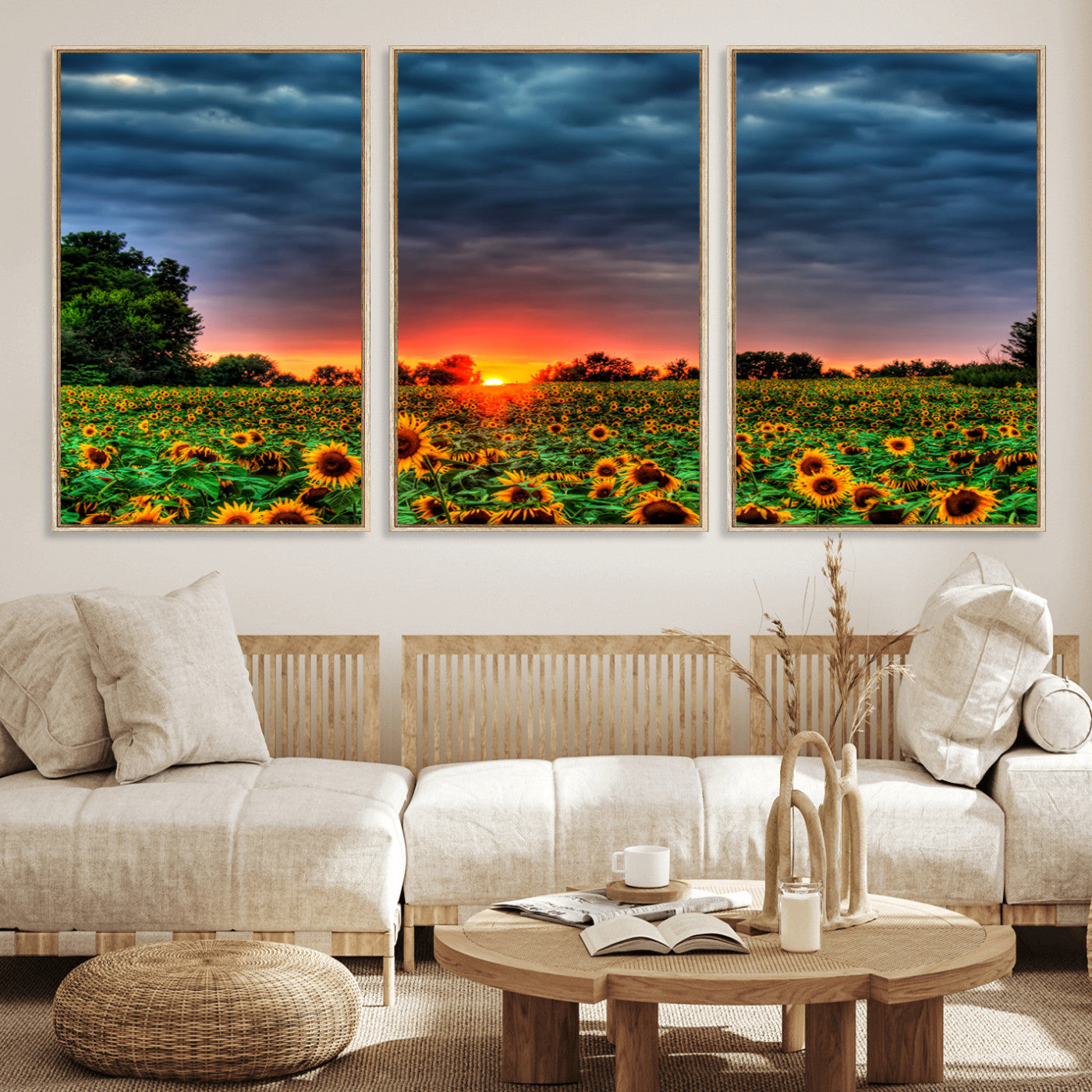 MGV-FC-60X30-3P - Golden Sunflower Field at Sunset – Breathtaking Sky and Vibrant Flowers, Ready to Hang Wall Art