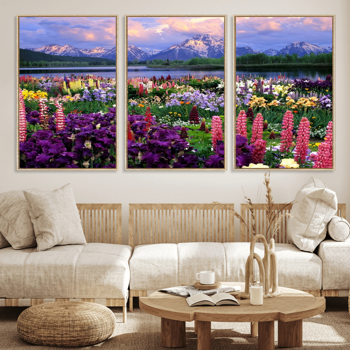 MGV-FC-60X30-3P - Vibrant Wildflower Garden and Mountain View Giclee Canvas Print | Floral Wall Art for Living Room