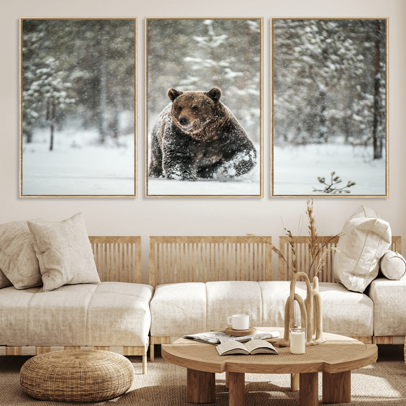 MGV-FC-60X30-3P - Wall Art Canvas Print – Grizzly Bear in Snowy Forest Powerful Presence Snowy Wilderness Wild Beauty