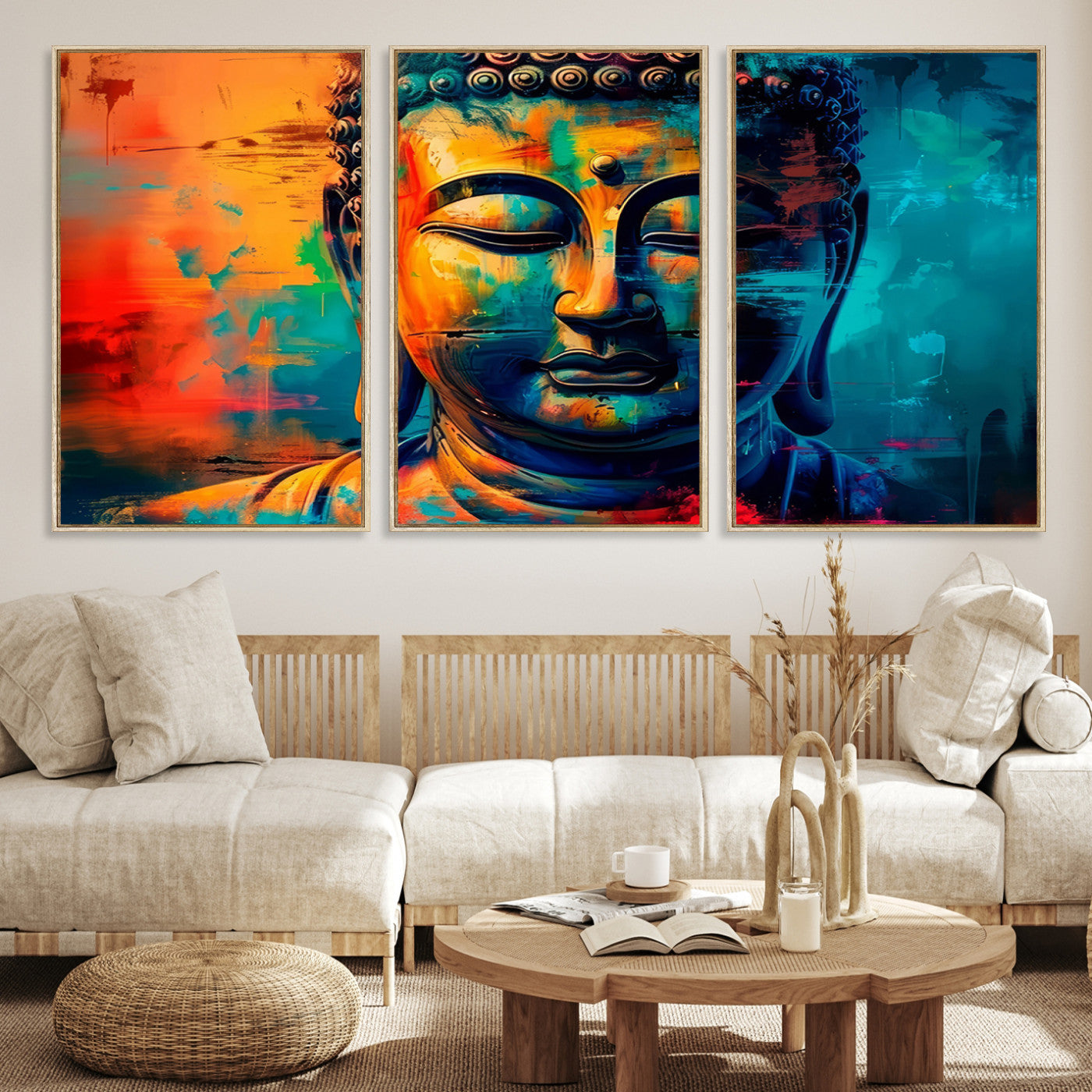 A vibrant, abstract artistic rendition of a Buddha statue face, blending bold and contrasting colors to evoke a sense of peace, spirituality, and enlightenment.