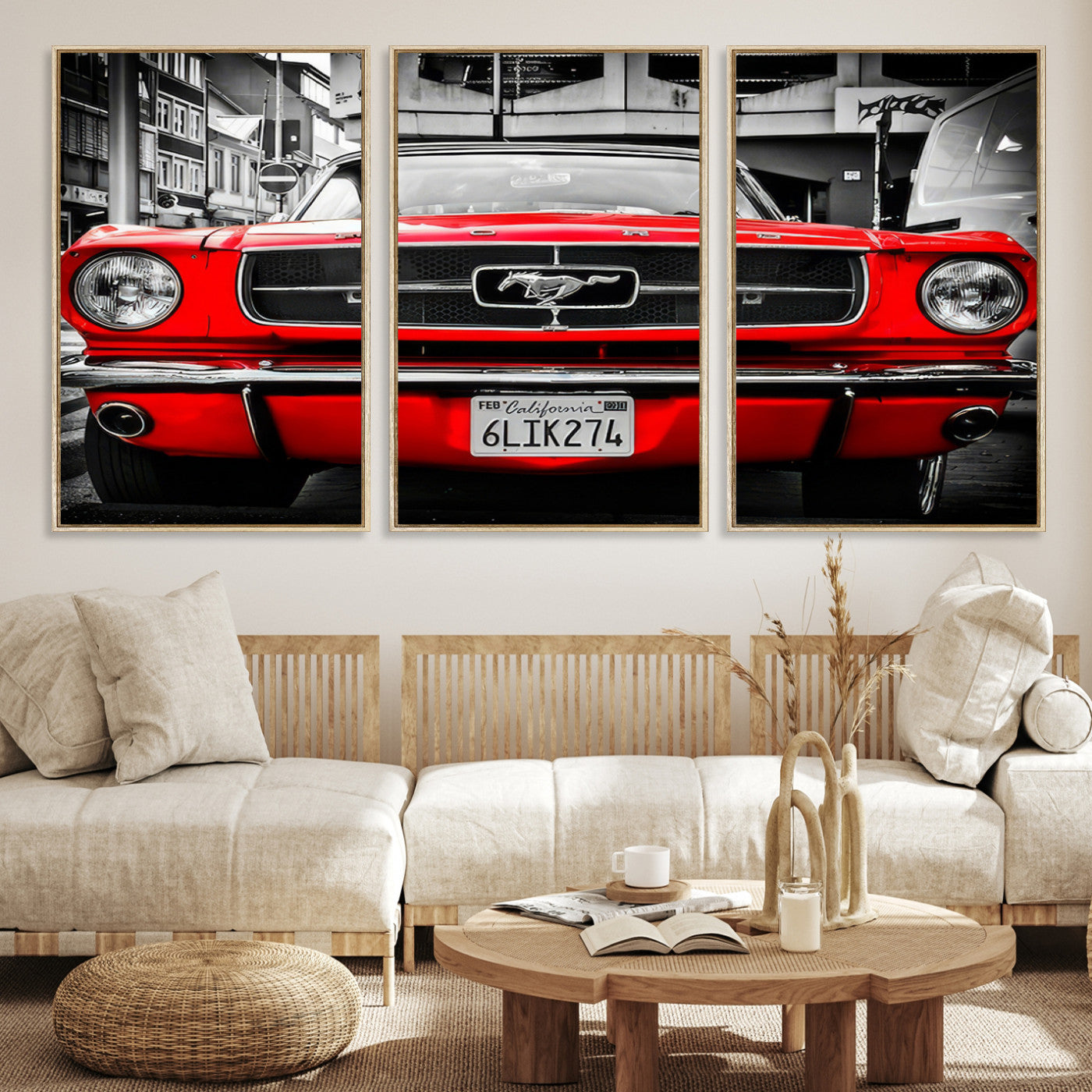 Front view of a bold red 1960s Ford Mustang parked in an urban environment, captured in dramatic contrast with a black-and-white city backdrop, emphasizing its timeless American muscle car identity.
