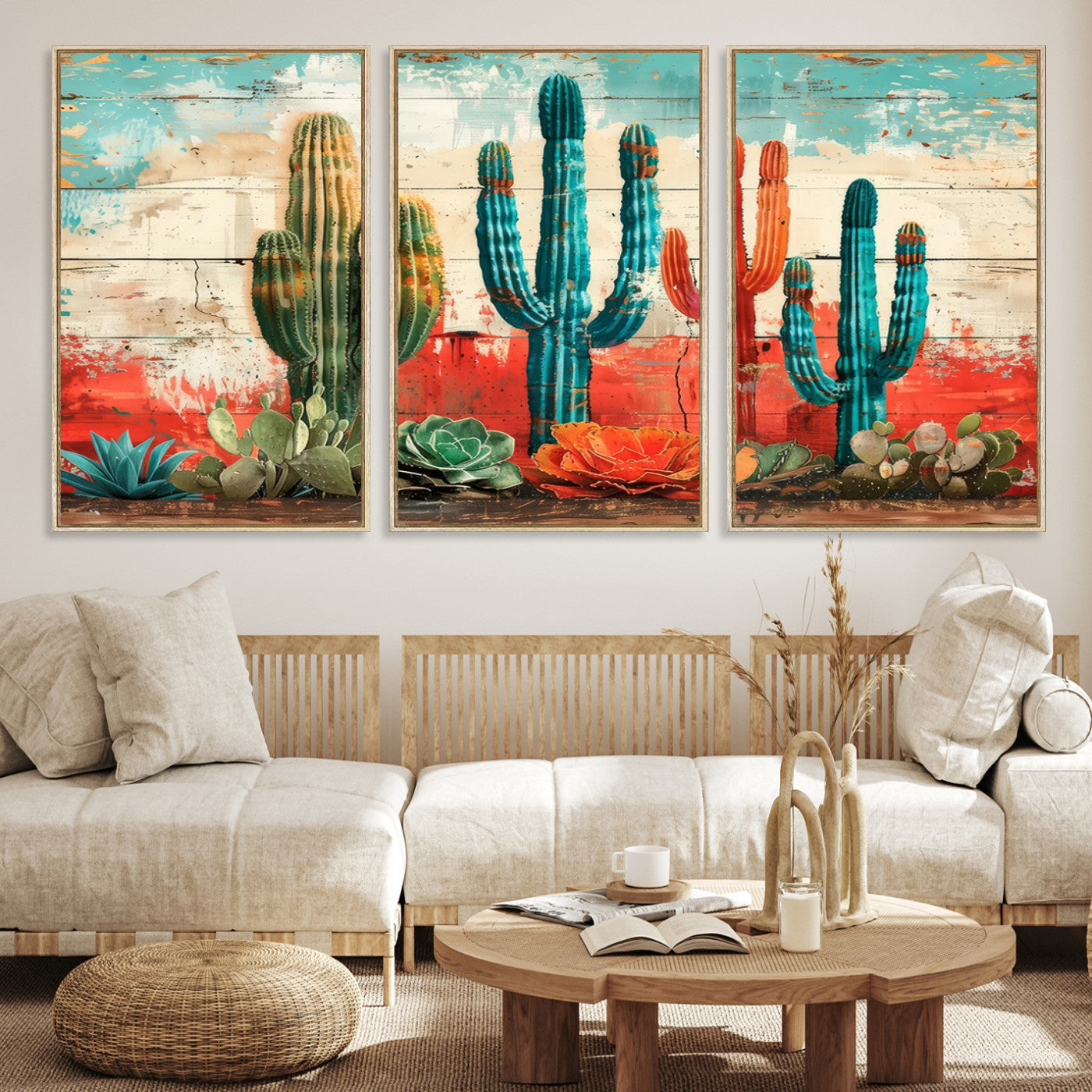 A vivid southwestern-style artwork featuring an eclectic mix of cacti and succulents painted against a textured, rustic wood backdrop in rich turquoise, red, and orange hues.