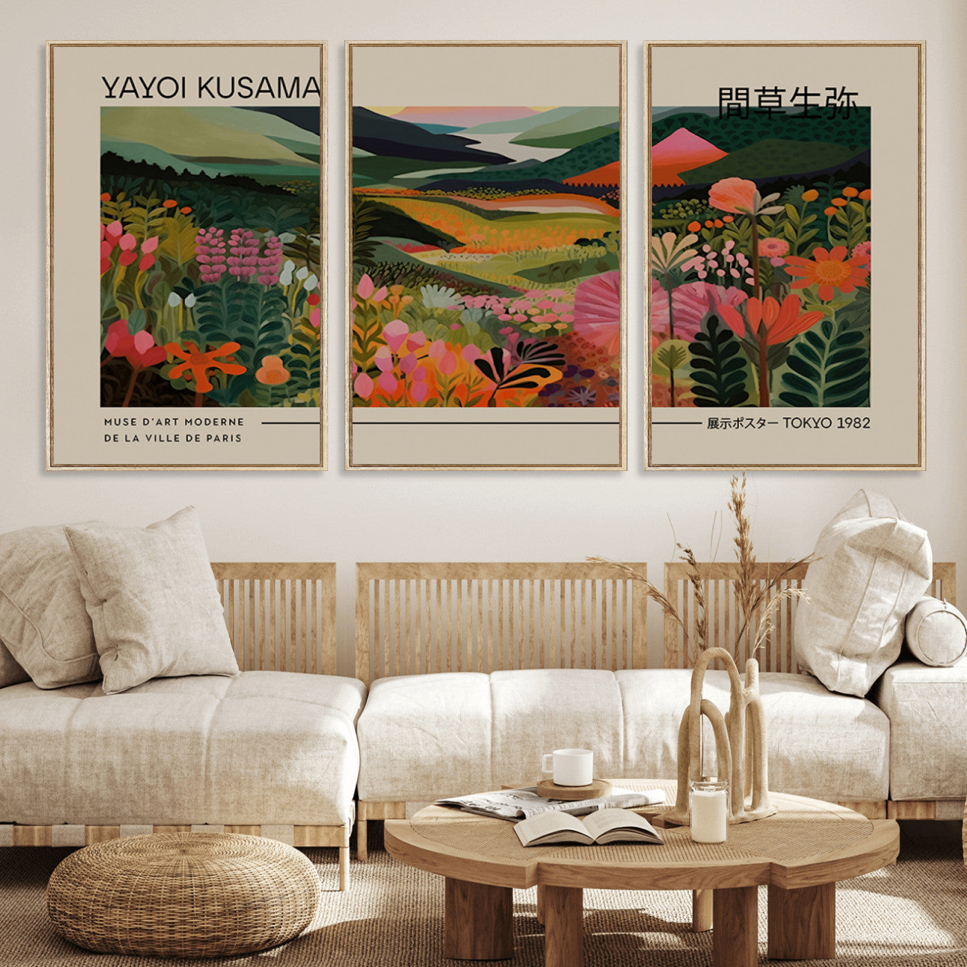 MGV-FC-60X30-3P - Yayoi Kusama Landscape Canvas Print, Vibrant Floral Mountain Art Print, Botanical Flower Nature