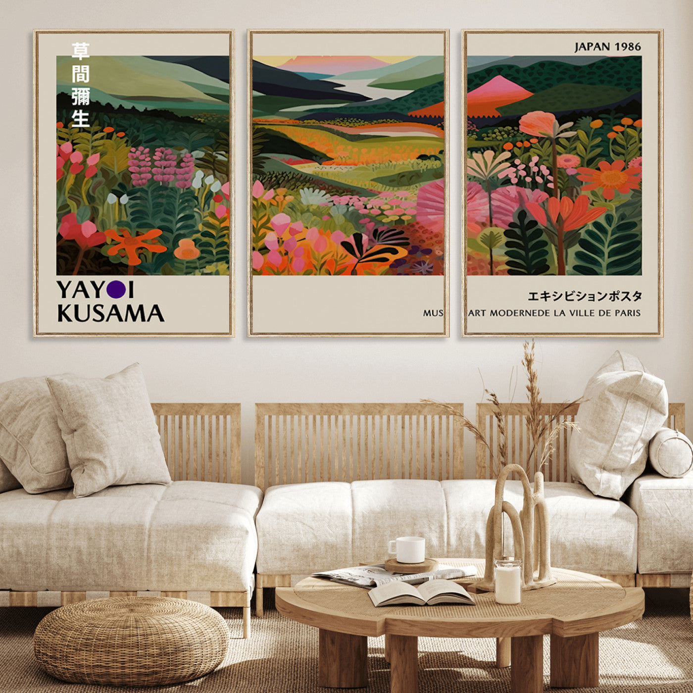 MGV-FC-60X30-3P - Yayoi Kusama Abstract Print, Vibrant Floral Mountain Art Print, Botanical Flower Nature Decor,