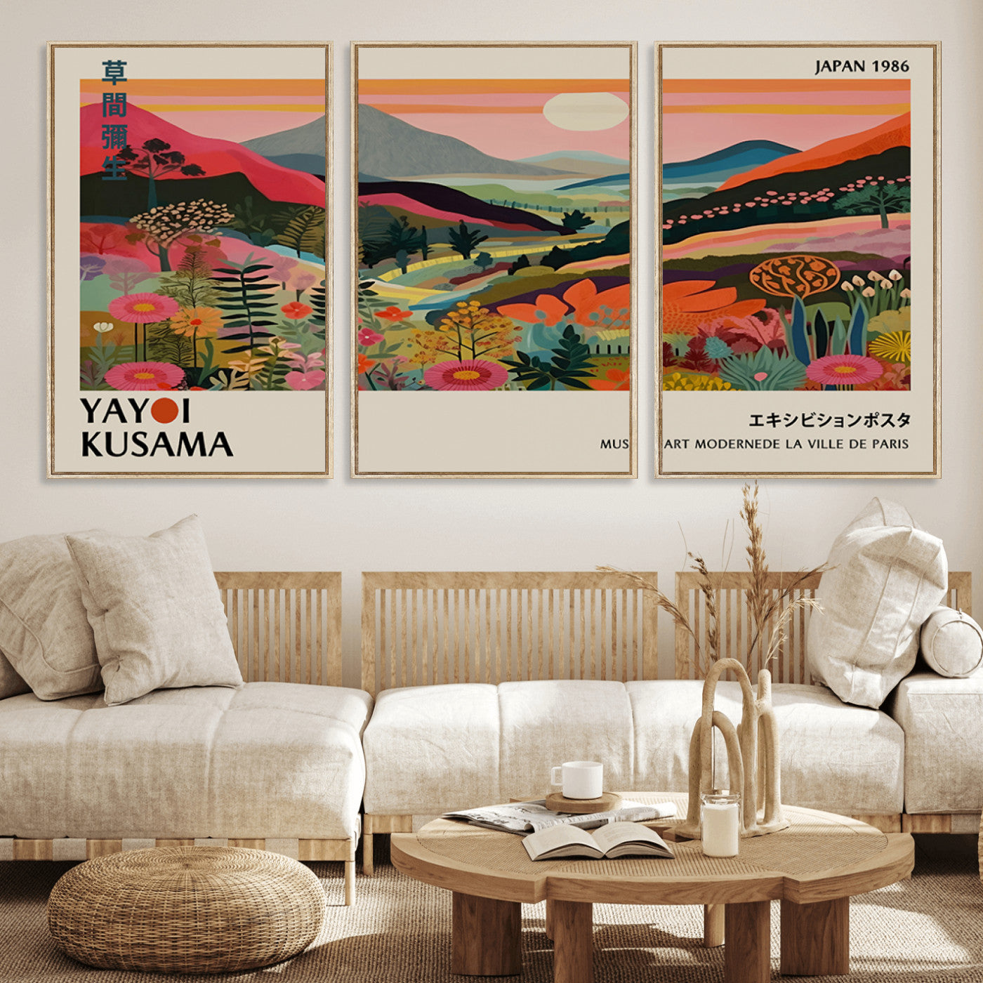 MGV-FC-60X30-3P - Yayoi Kusama Landscape Canvas Print, Vibrant Floral Mountain Art Print, Botanical Flower Nature