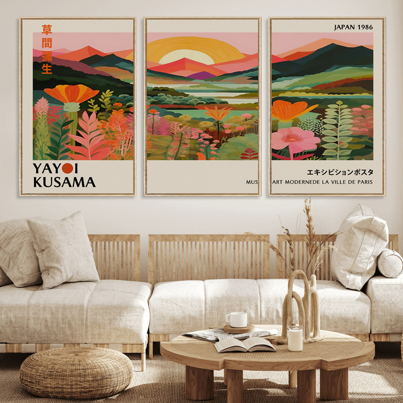 MGV-FC-60X30-3P - Framed Yayoi Kusama Print, Vibrant Floral Mountain Art Print, Botanical Flower Nature Decor, Sunset