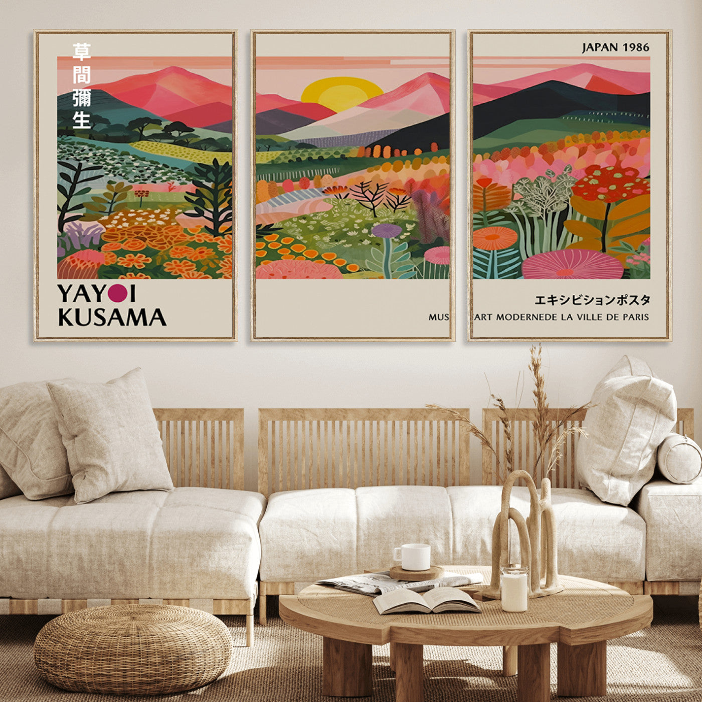MGV-FC-60X30-3P - Yayoi Kusama Landscape Canvas Print, Vibrant Floral Mountain Art Print, Framed Botanical Wall Art -