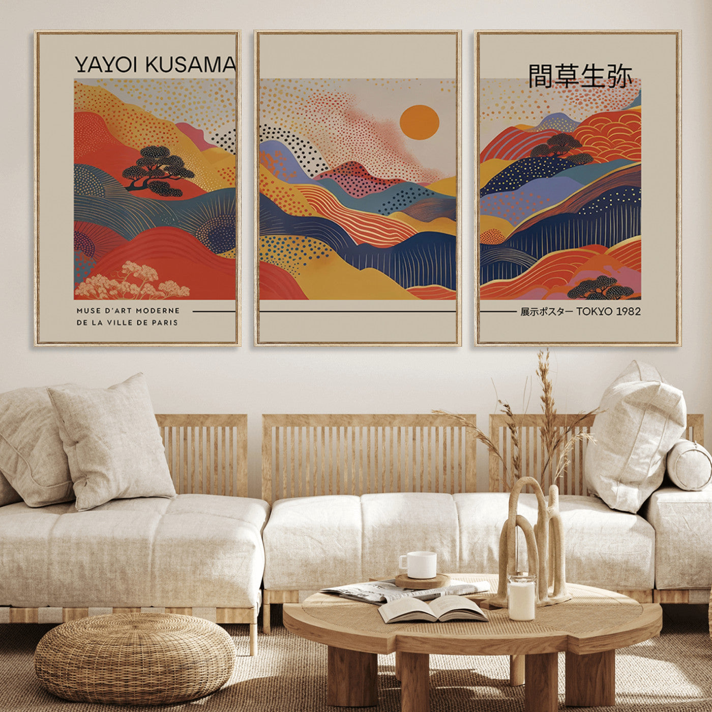 MGV-FC-60X30-3P - Yayoi Kusama Landscape Canvas Print, Vibrant Floral Mountain Art Print, Botanical Flower Nature