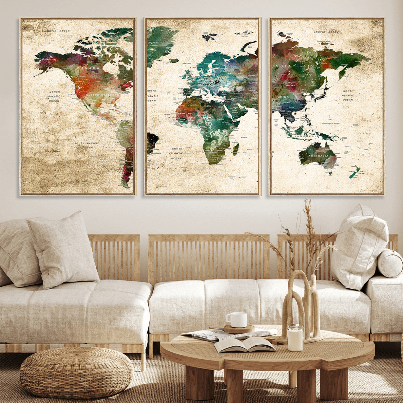 45128-MGV-FC-60X30-3P_Natural-Push Pin World Map Canvas Print – Framed Wall Art for Couples to Track Their Travels – Anniversary Gift or Home Adventure Decor