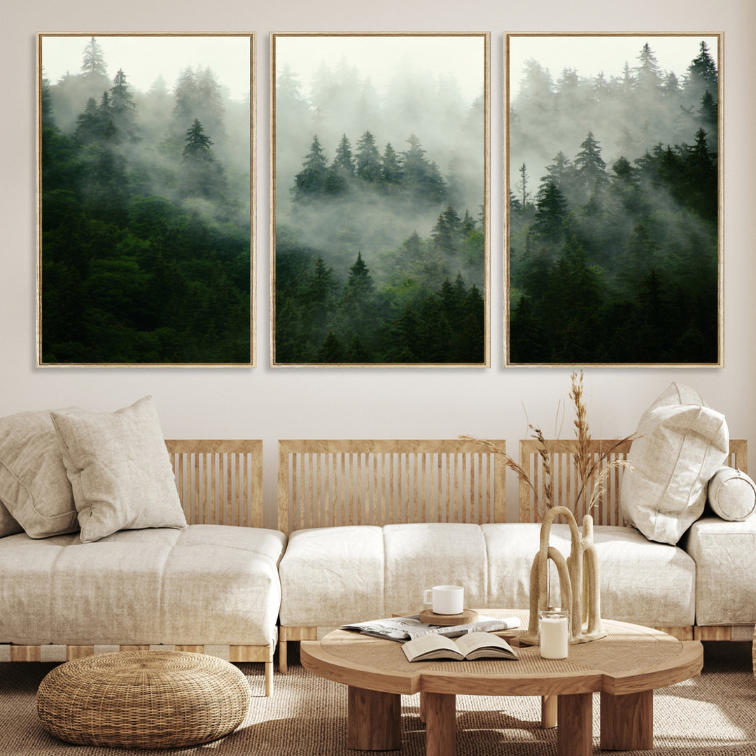 Misty Forest Wall Art Canvas Print - Foggy Forest Landscape Canvas Wall Art – Serene Triptych Nature Print – Woodland Landscape Decor