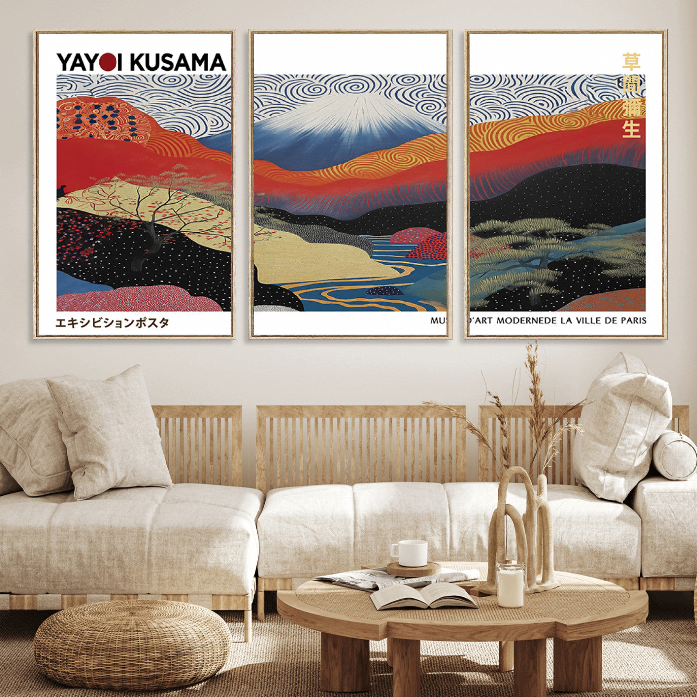 MGV-FC-60X30-3P - Framed Yayoi Kusama 1986 Wall Art Print – Japanese Wall Art Print, Wabi Sabi Yayoi Kusama Print -