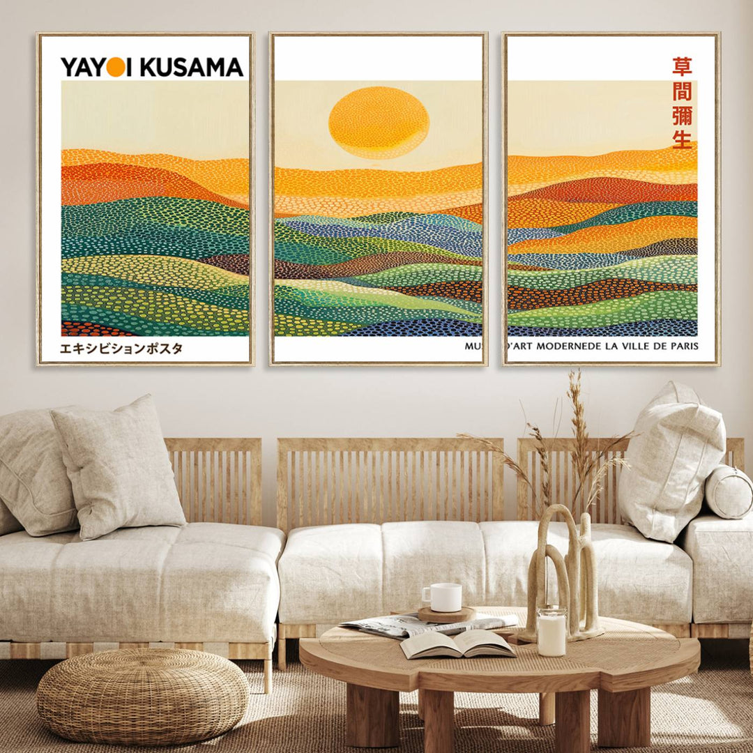 Framed Yayoi Kusama 1986 Wall Art: A vibrant abstract landscape featuring Wabi Sabi hills and a sun, created by the Japanese artist.