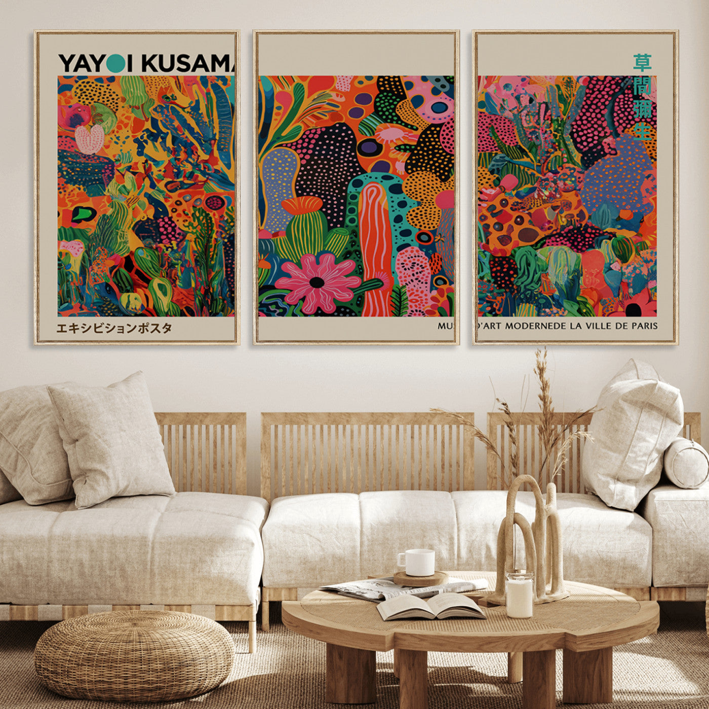 MGV-FC-60X30-3P - Framed Yayoi Kusama 1986 Wall Art Print – Japanese Wall Art Print, Wabi Sabi Yayoi Kusama Print -