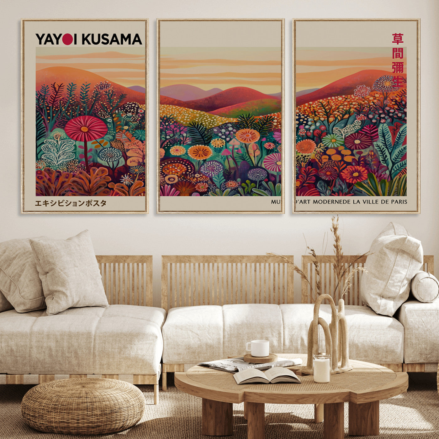MGV-FC-60X30-3P - Framed Yayoi Kusama 1986 Wall Art Print – Japanese Wall Art Print, Wabi Sabi Yayoi Kusama Print -