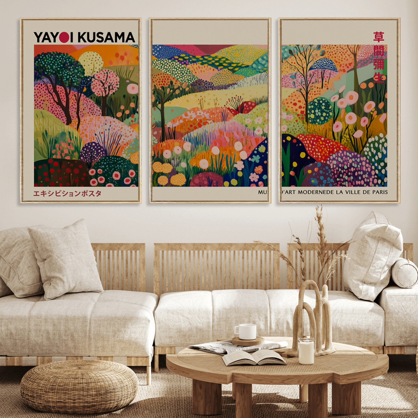 MGV-FC-60X30-3P - Framed Yayoi Kusama 1986 Wall Art Print – Japanese Wall Art Print, Wabi Sabi Yayoi Kusama Print -