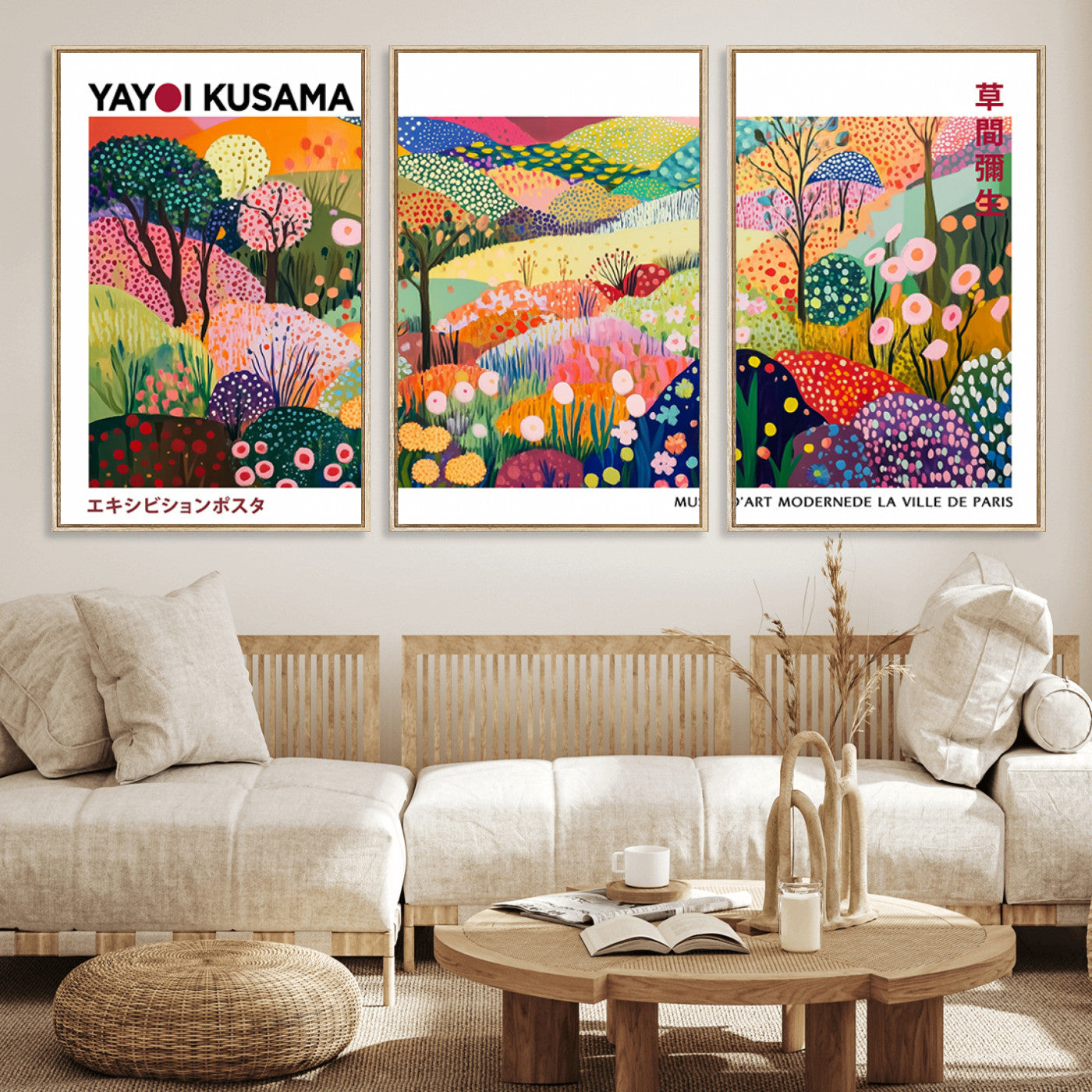 MGV-FC-60X30-3P - Framed Yayoi Kusama 1986 Wall Art Print – Japanese Wall Art Print, Wabi Sabi Yayoi Kusama Print -