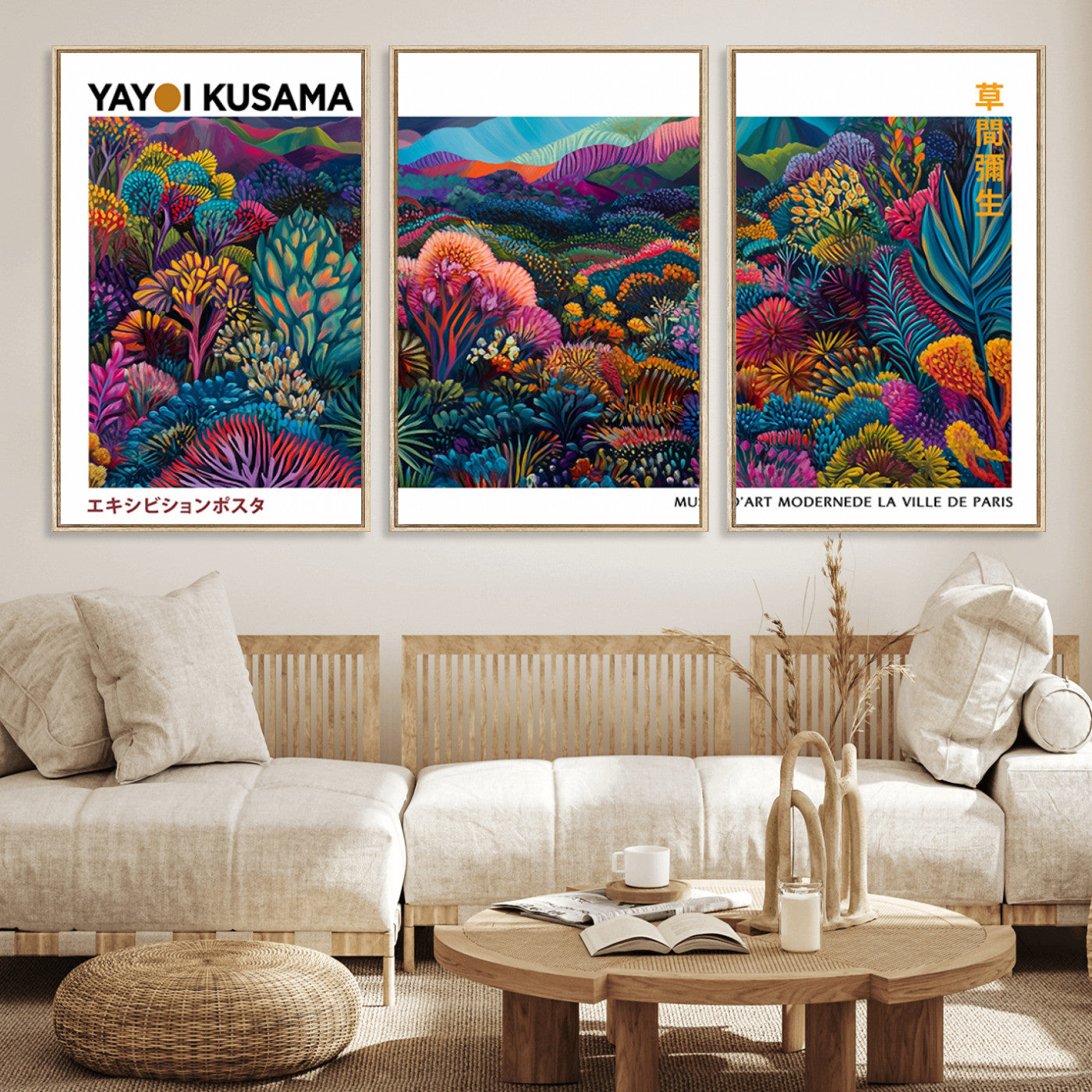 MGV-FC-60X30-3P - Framed Yayoi Kusama 1986 Wall Art Print – Japanese Wall Art Print, Wabi Sabi Yayoi Kusama Print -
