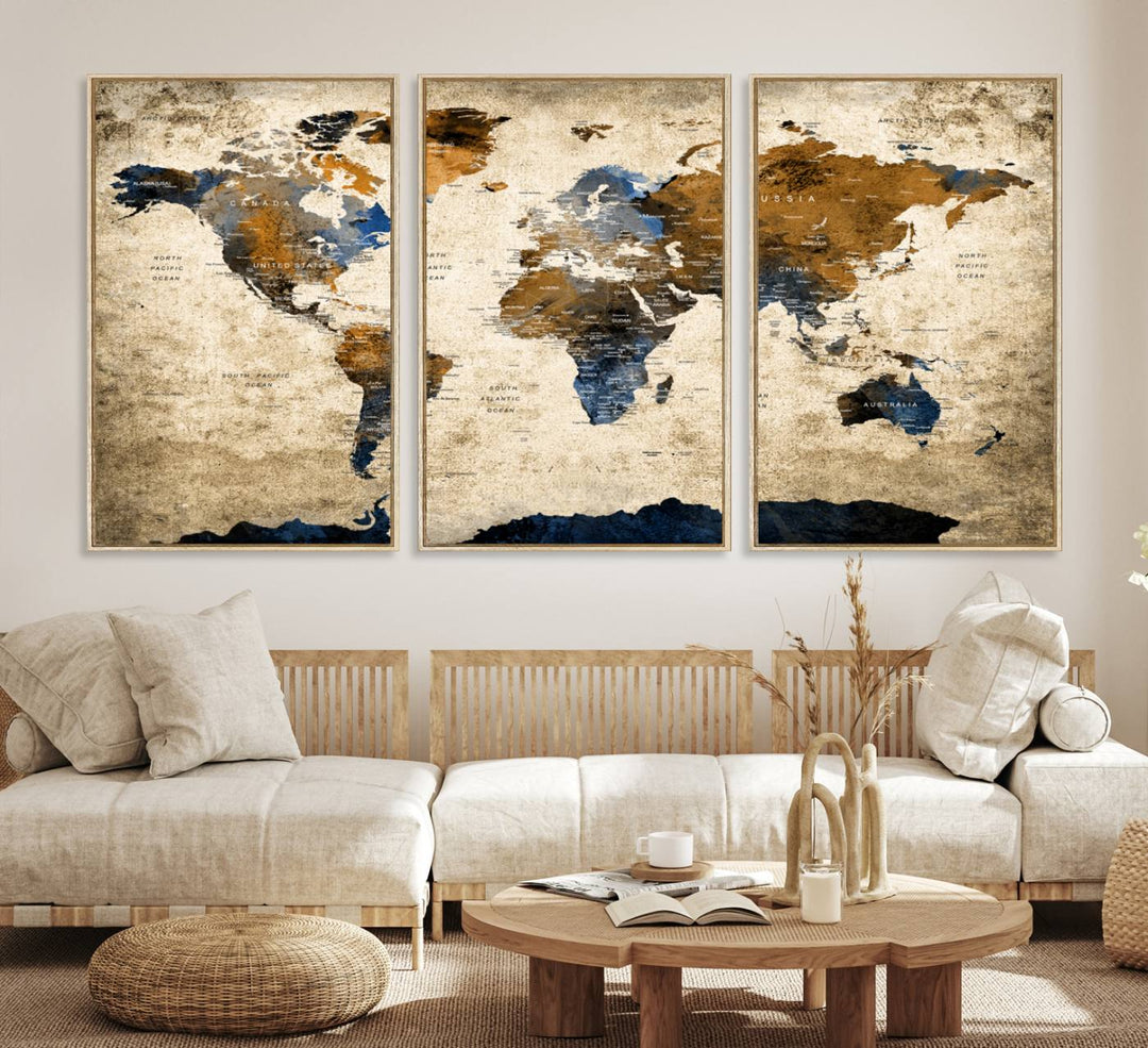 A Vintage World Map Canvas featuring brown, blue, and white on a textured background. Ideal for wall art in living rooms or offices.