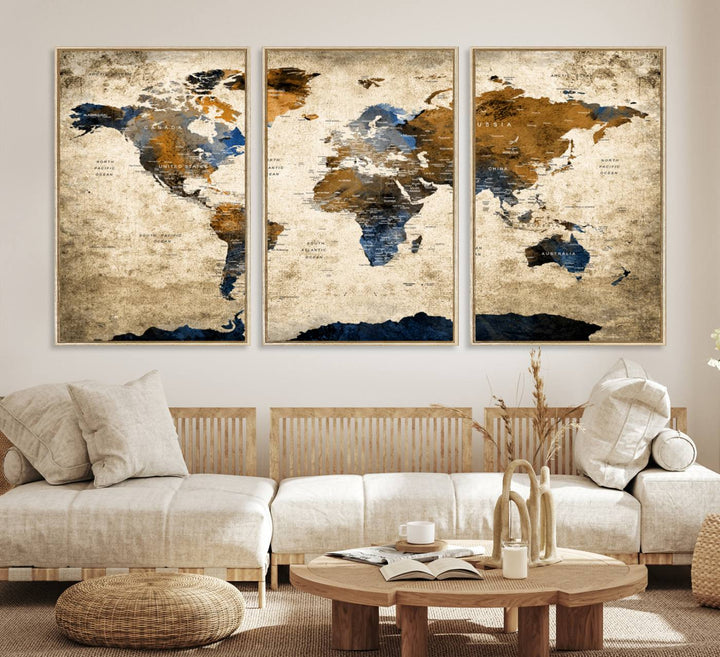 A Vintage World Map Canvas featuring brown, blue, and white on a textured background. Ideal for wall art in living rooms or offices.