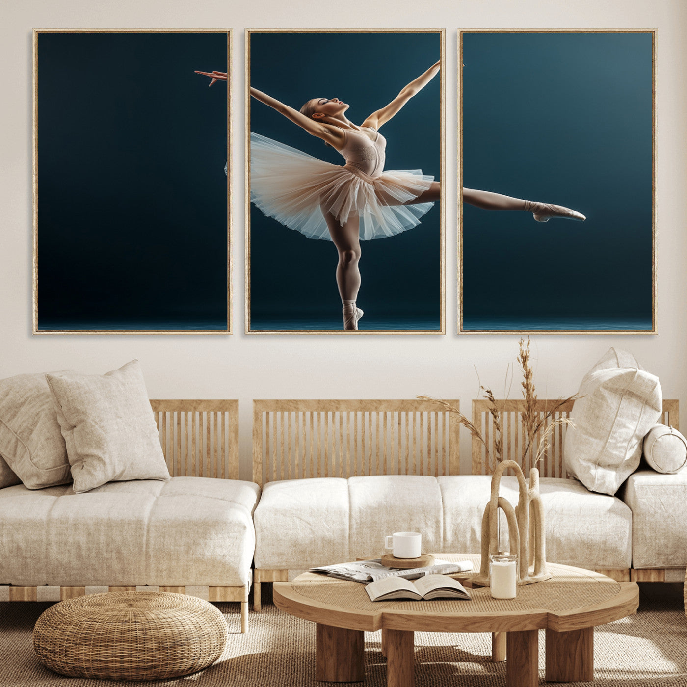 An elegant ballerina captured mid-pose on pointe, radiating grace and strength in a perfectly lit studio setting, her tutu fanned out in delicate symmetry.