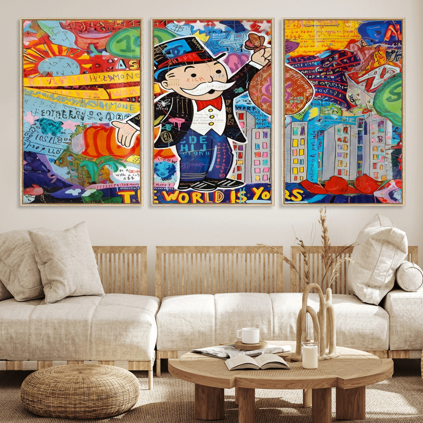 MGV-FC-60X30-3P - Pop Art Monopoly Man Canvas Wall Art Print - Bold and Colorful Street Art-Inspired Decor for Living