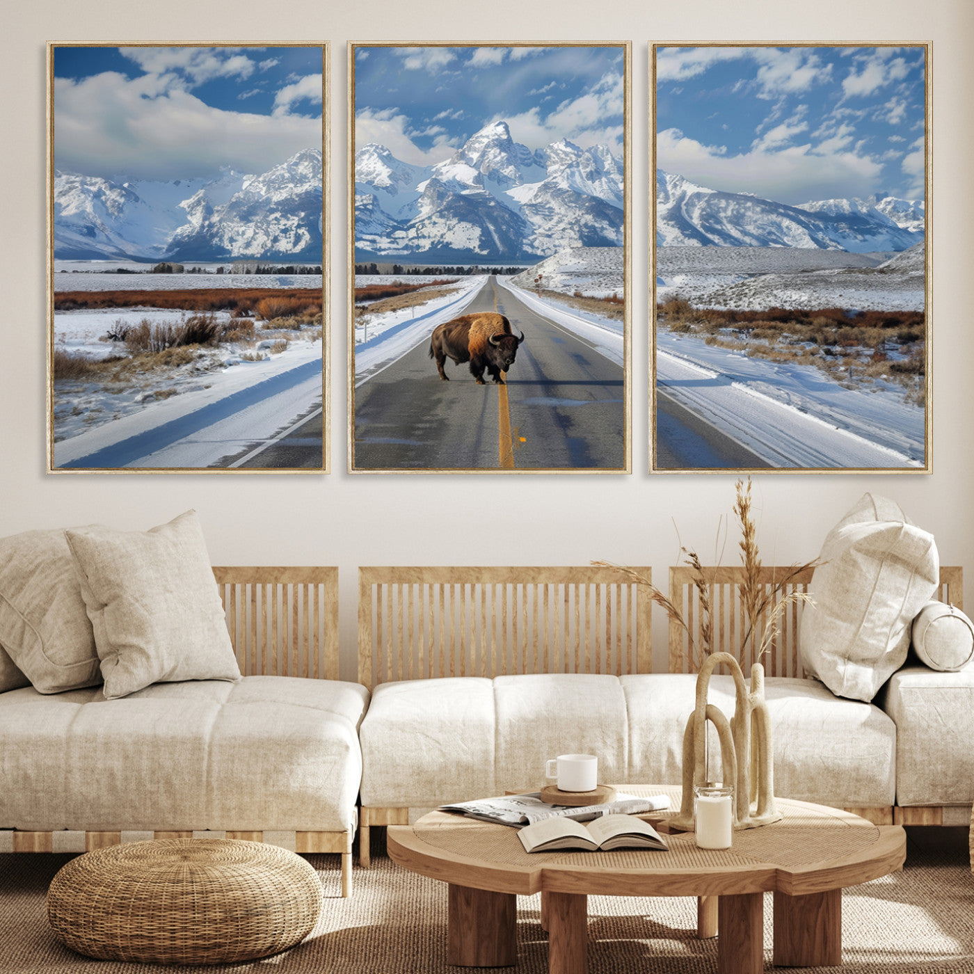 A powerful bison stands on a snow-dusted road beneath the towering peaks of the Grand Tetons, capturing the untamed beauty of America's winter wilderness.